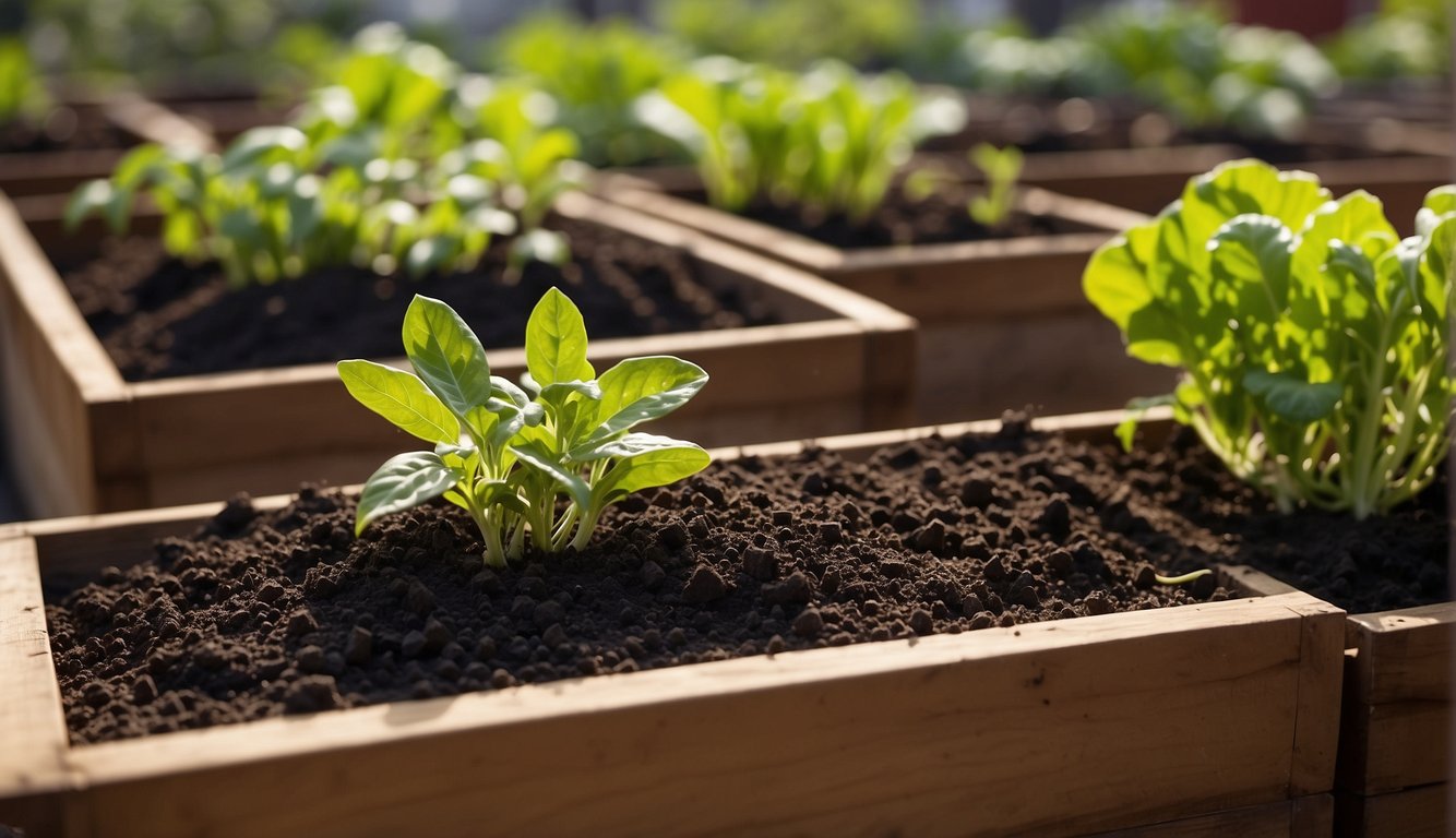 Rich, dark soil fills the vegetable planter boxes, carefully tended with compost and nutrients for optimal growth and health
