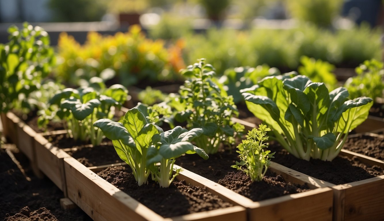 A variety of vegetables thriving in planter boxes filled with nutrient-rich soil. Labels indicate different plant types. Sunshine illuminates the vibrant greenery