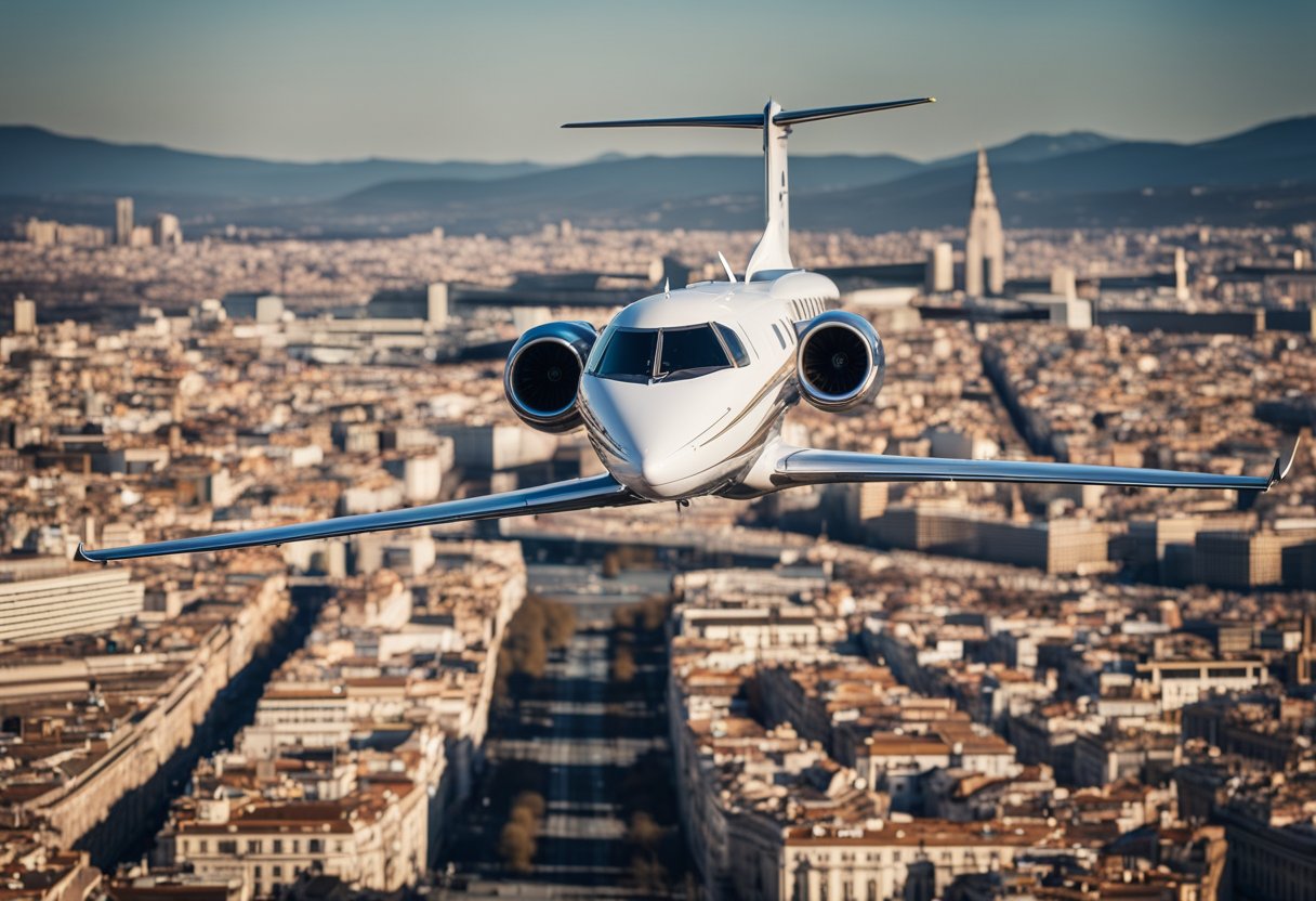 A private jet soaring over the Madrid skyline, with the iconic architecture and bustling city streets below