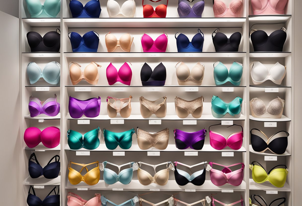A display of strapless bras at Marks and Spencer, showcasing various colors and styles