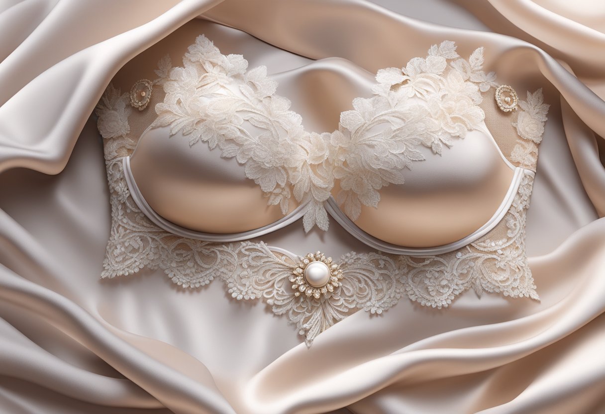 A woman's strapless bra lays on a luxurious bed of soft, silky fabric, surrounded by delicate lace and elegant details
