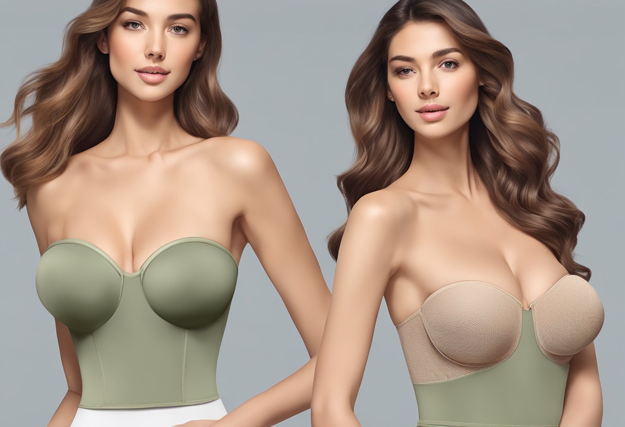 Strapless bras cling securely to the model's chest without slipping down
