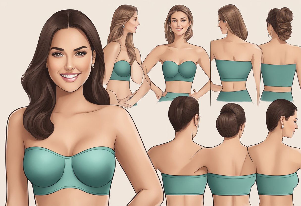 A size 40B strapless bra with no straps, seamless cups, and a wide band for support and comfort