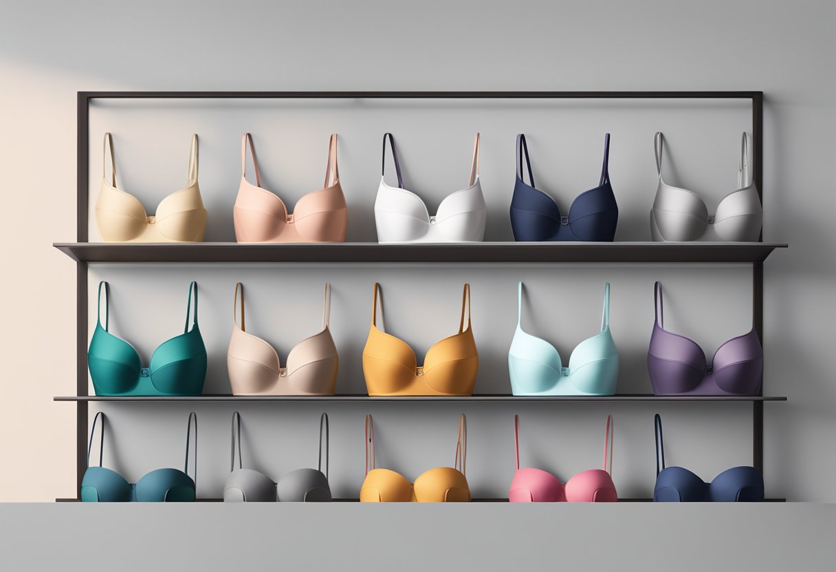 A display of lunaire strapless bras in various colors and sizes, neatly arranged on a sleek, minimalist display stand
