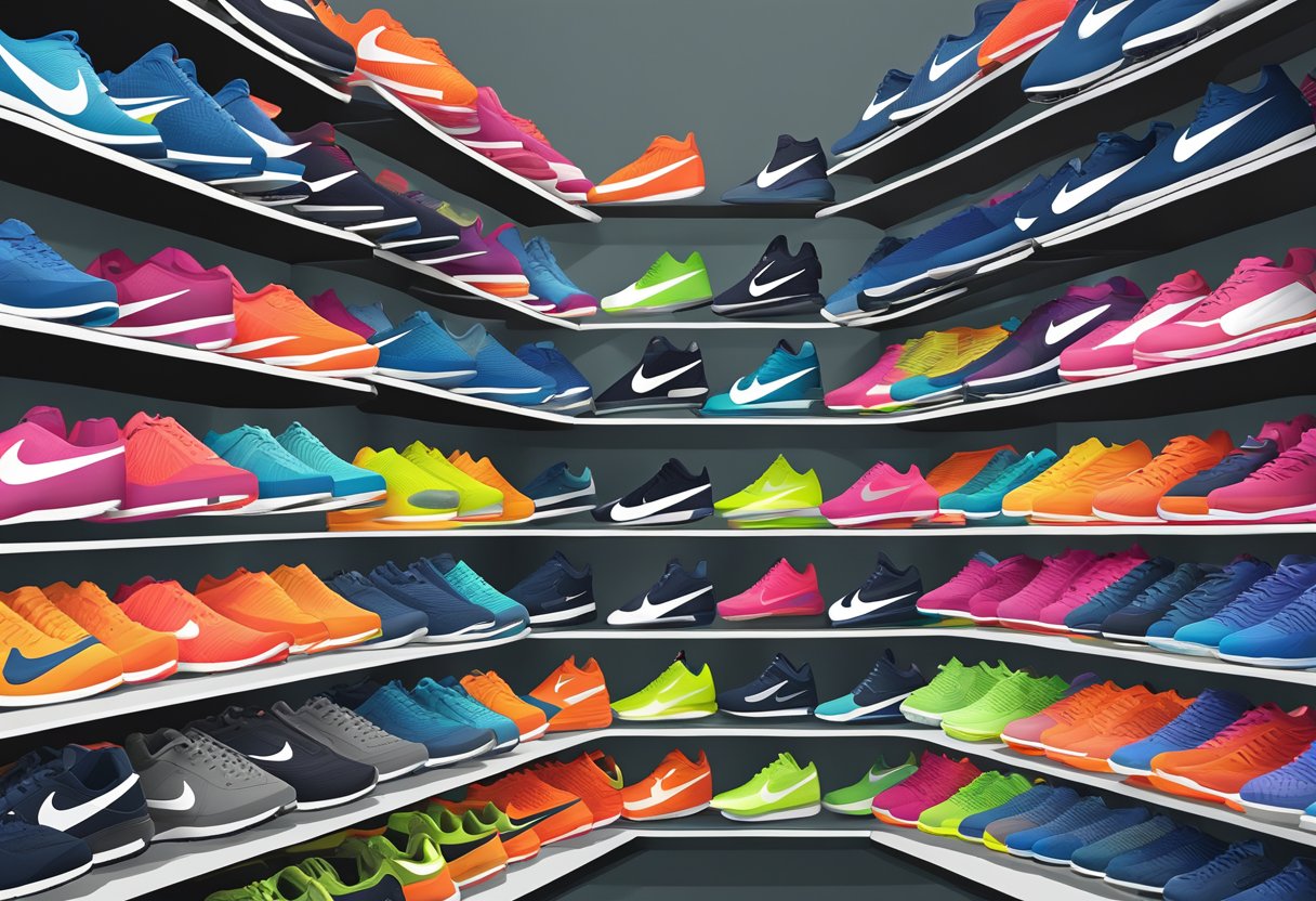 A display of various Nike tops at Sports Direct, arranged neatly on shelves with the Nike logo prominently displayed