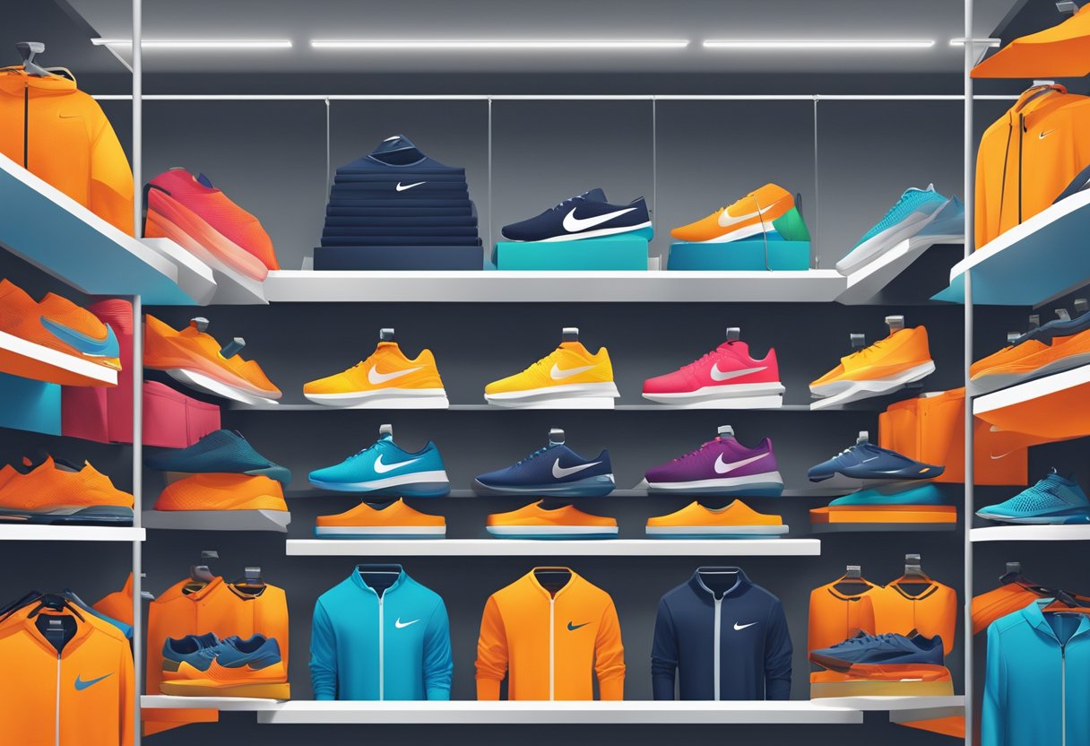 A display of various men's Nike tops arranged neatly on shelves at a sports store