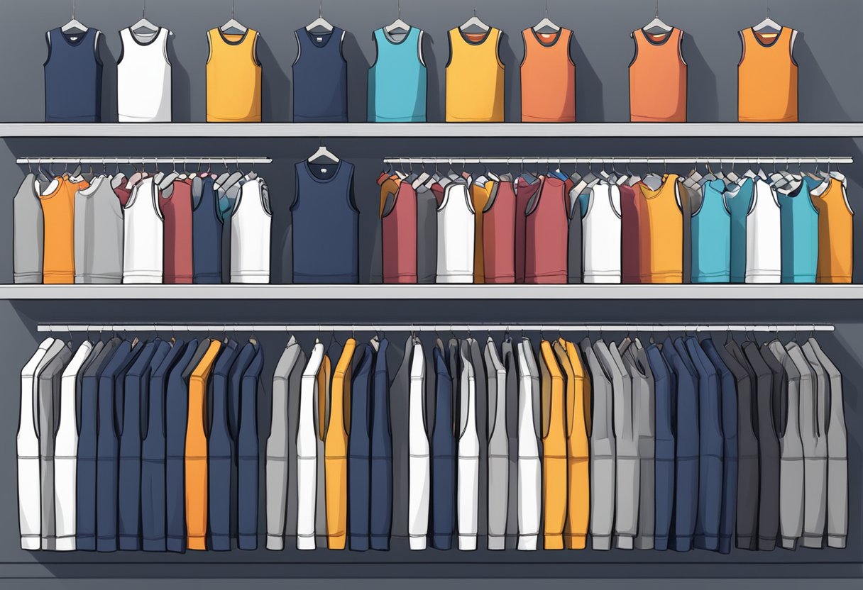 A display of men's vest tops at Sports Direct, arranged in rows on shelves with various colors and sizes