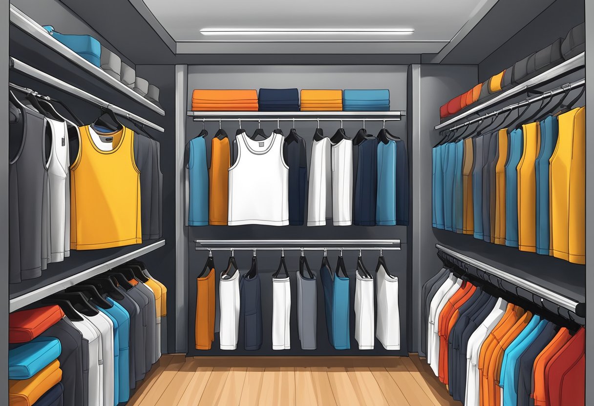 A display of men's vest tops in various colors and styles, neatly arranged on shelves in a sports retail store