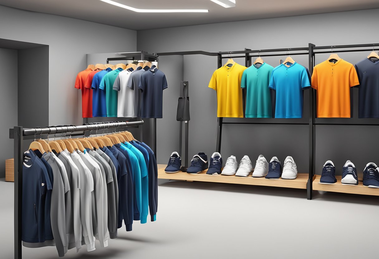 A collection of men's sports tops, varying in colors and styles, displayed on racks in a UK retail store