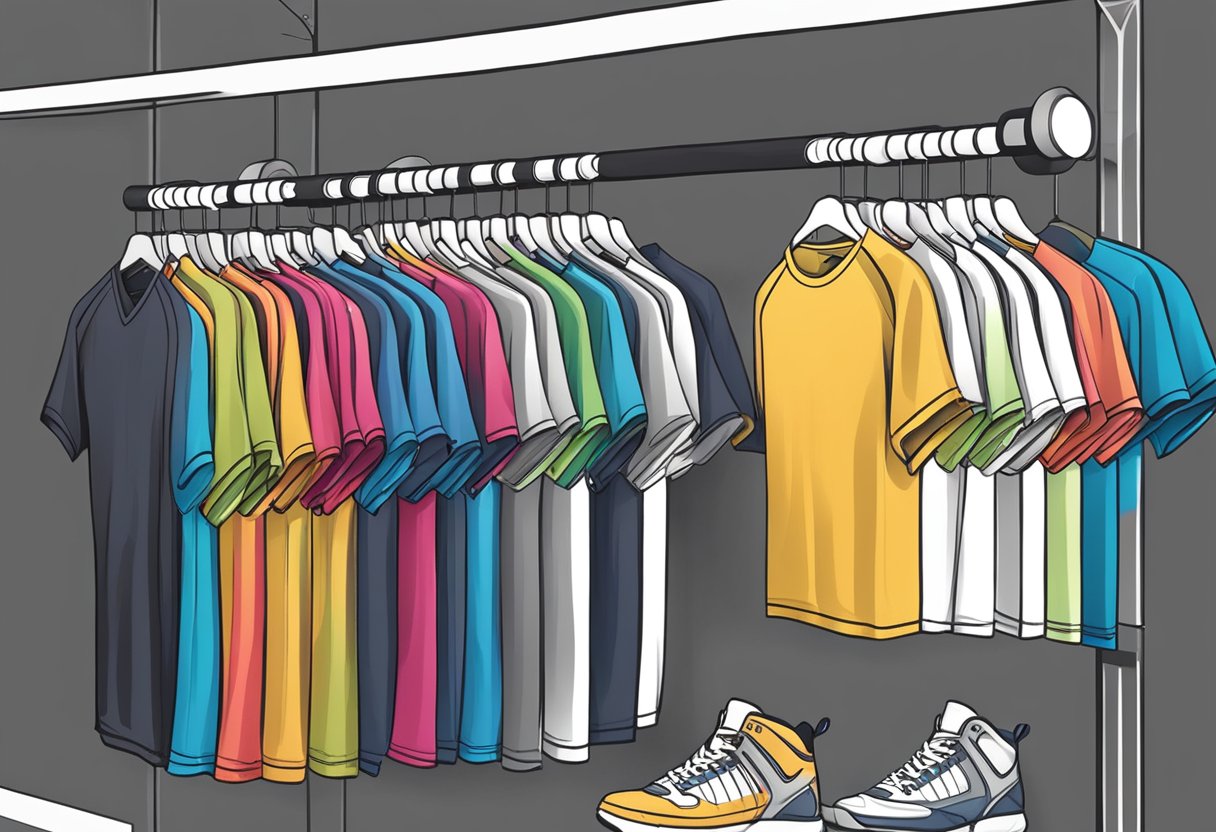Men's sports tops hang on a display rack, showcasing their breathable fabric and various colors