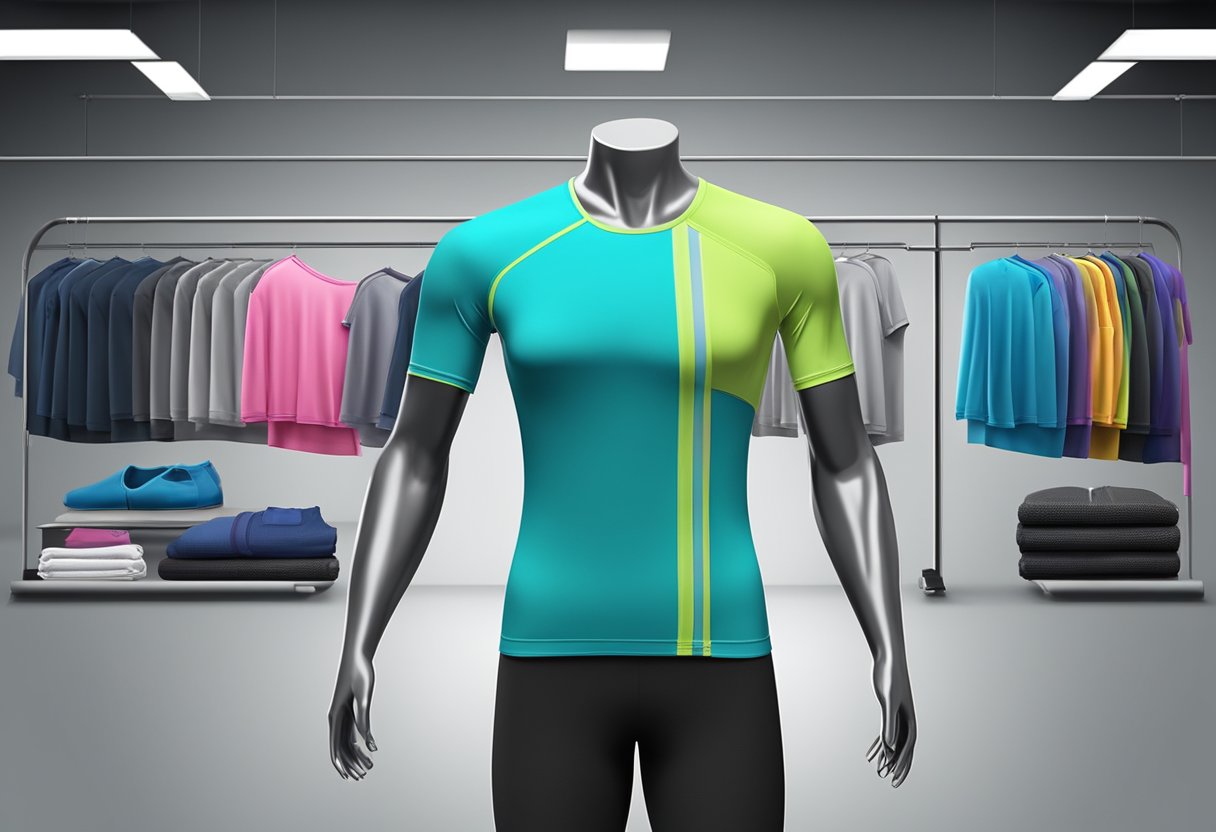 A mannequin wearing a breathable sports top, with moisture-wicking fabric and mesh panels for ventilation, displayed in a fitness store