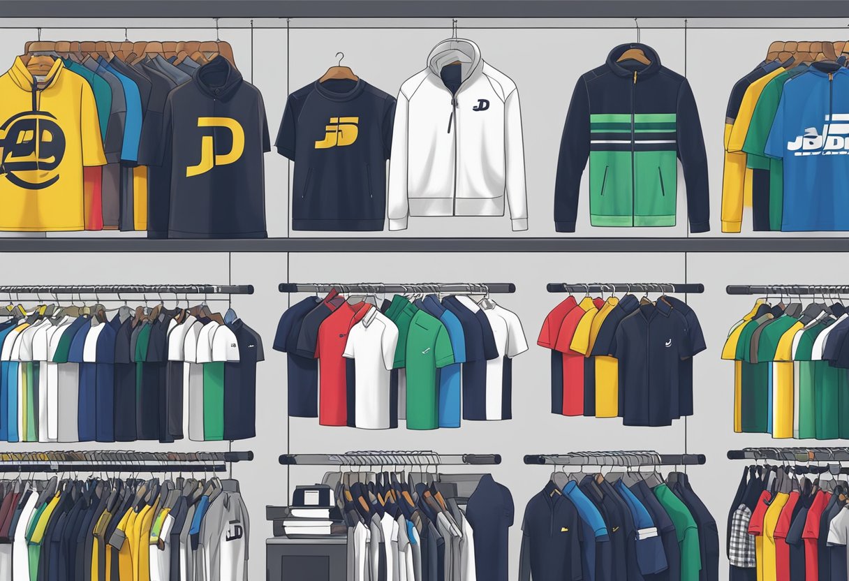 A display of JD Sports men's tops, neatly arranged on shelves with various colors and designs