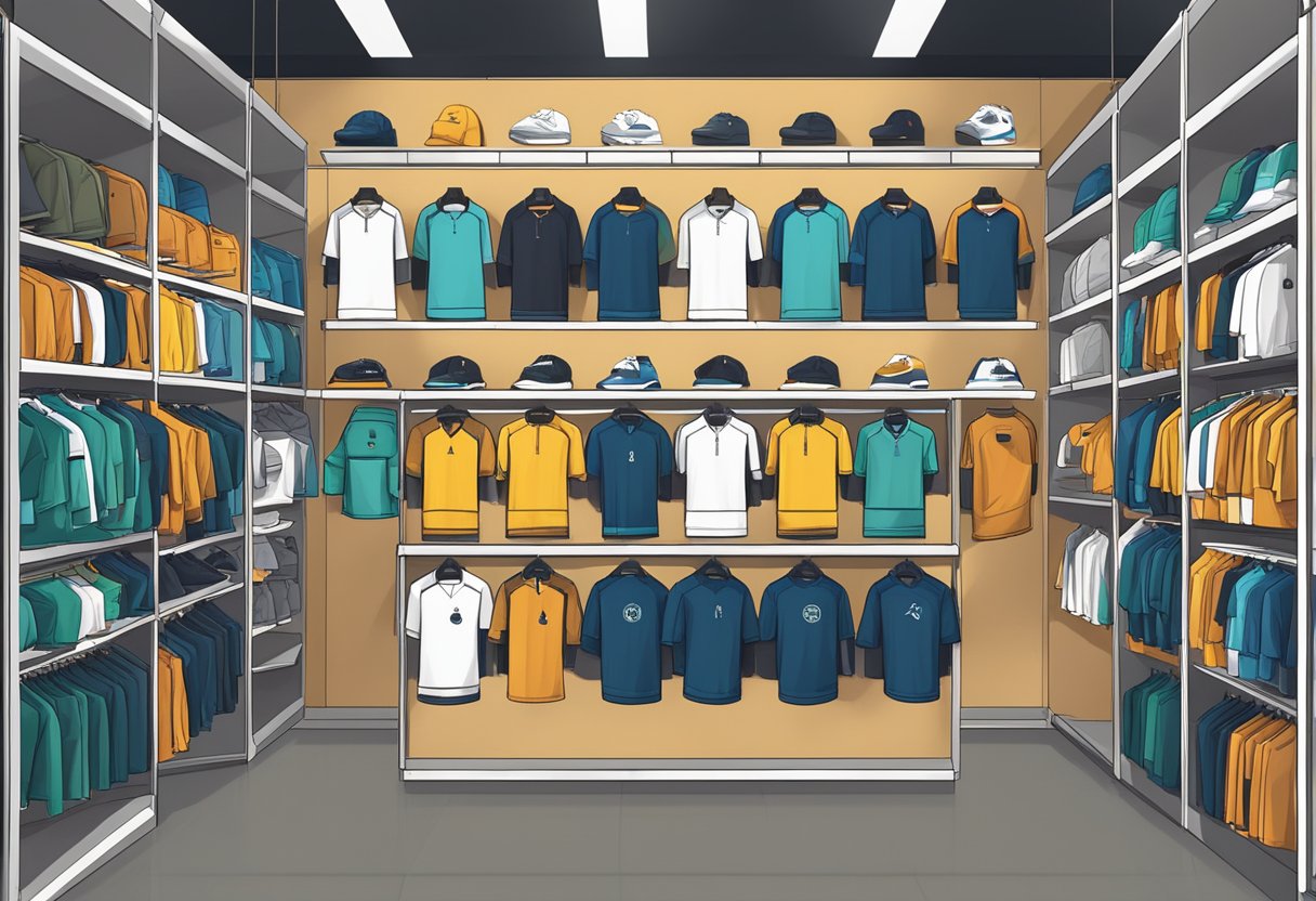 A display of popular men's tops from JD Sports, featuring various designs and colors, arranged neatly on shelves