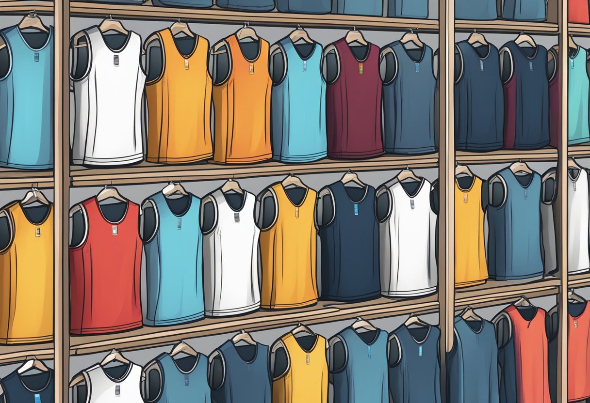 Several men's sports vest tops arranged neatly on a display shelf