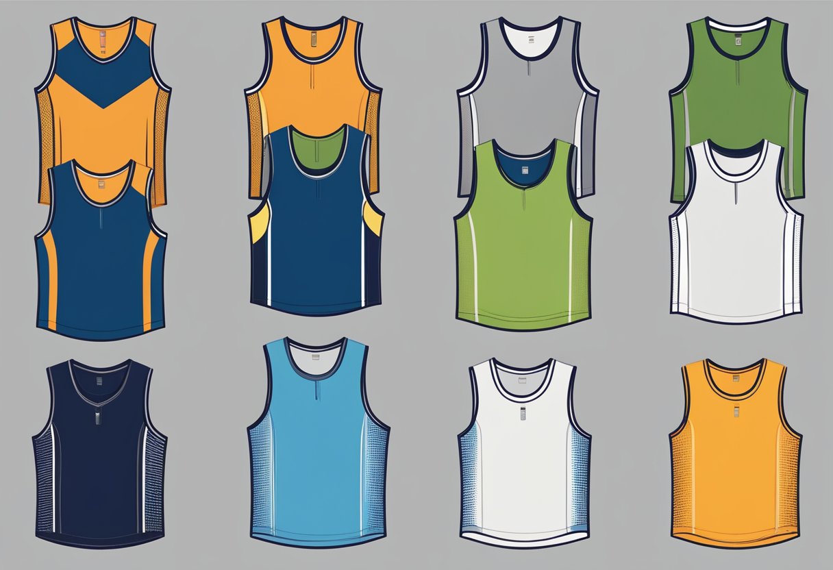 A variety of men's sports vest tops arranged in a neat display, showcasing different colors, patterns, and materials