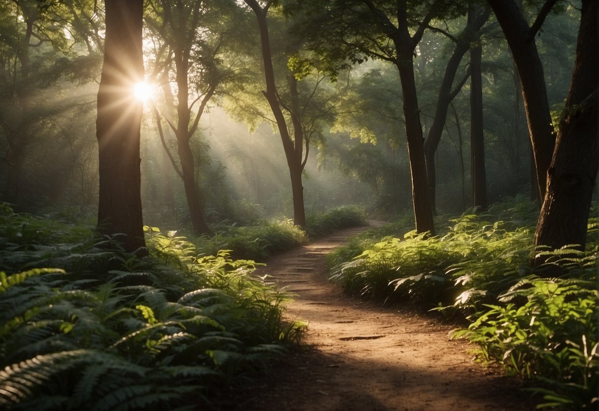 A serene path through a lush forest, with sunlight streaming through the trees and illuminating a collection of ancient scriptures and spiritual texts