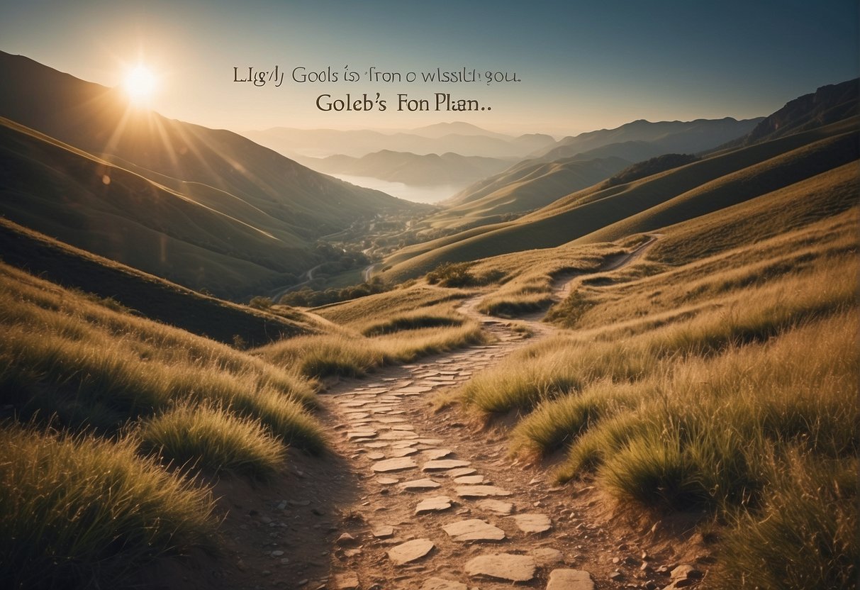 A winding path through a scenic landscape with a quote about God's plan written in elegant script above