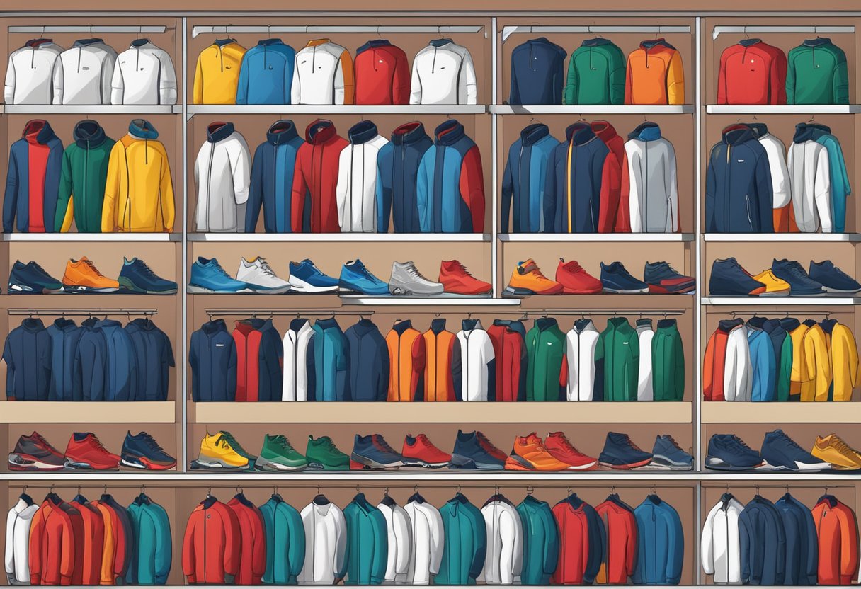 A display of men's tracksuit tops at Sports Direct, arranged neatly on shelves with various colors and designs
