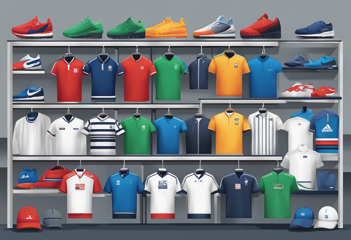 A display of various sports direct tops for men, neatly arranged on shelves with different styles, colors, and sizes