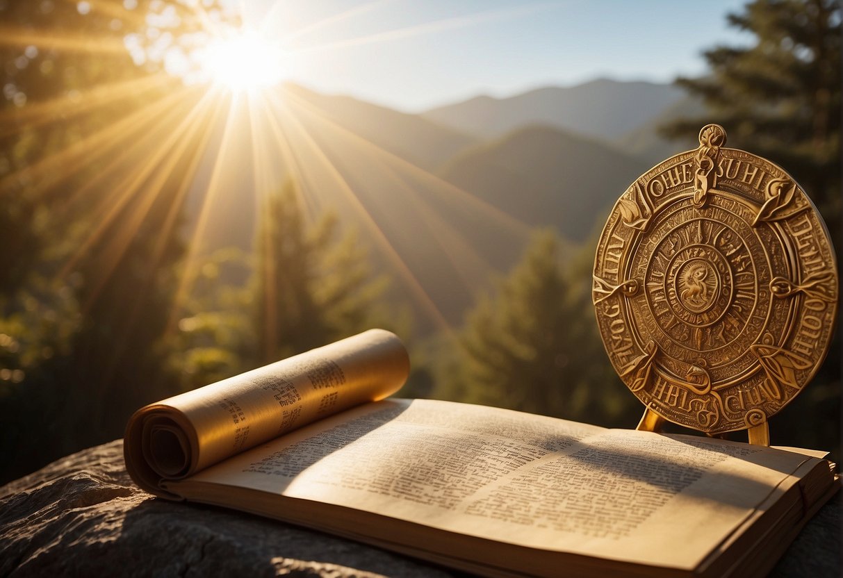 A radiant sun illuminates a serene landscape, where a golden scroll unfurls with the words "The Promise of Eternal Fulfillment" inscribed, surrounded by celestial symbols and divine imagery