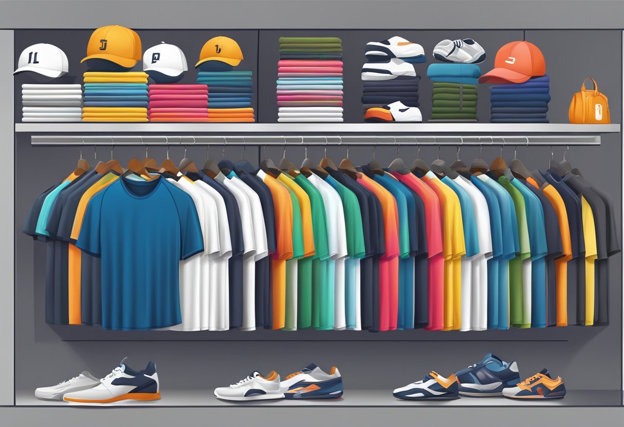 A display of men's sports tops on sale, arranged neatly on shelves with various colors and sizes