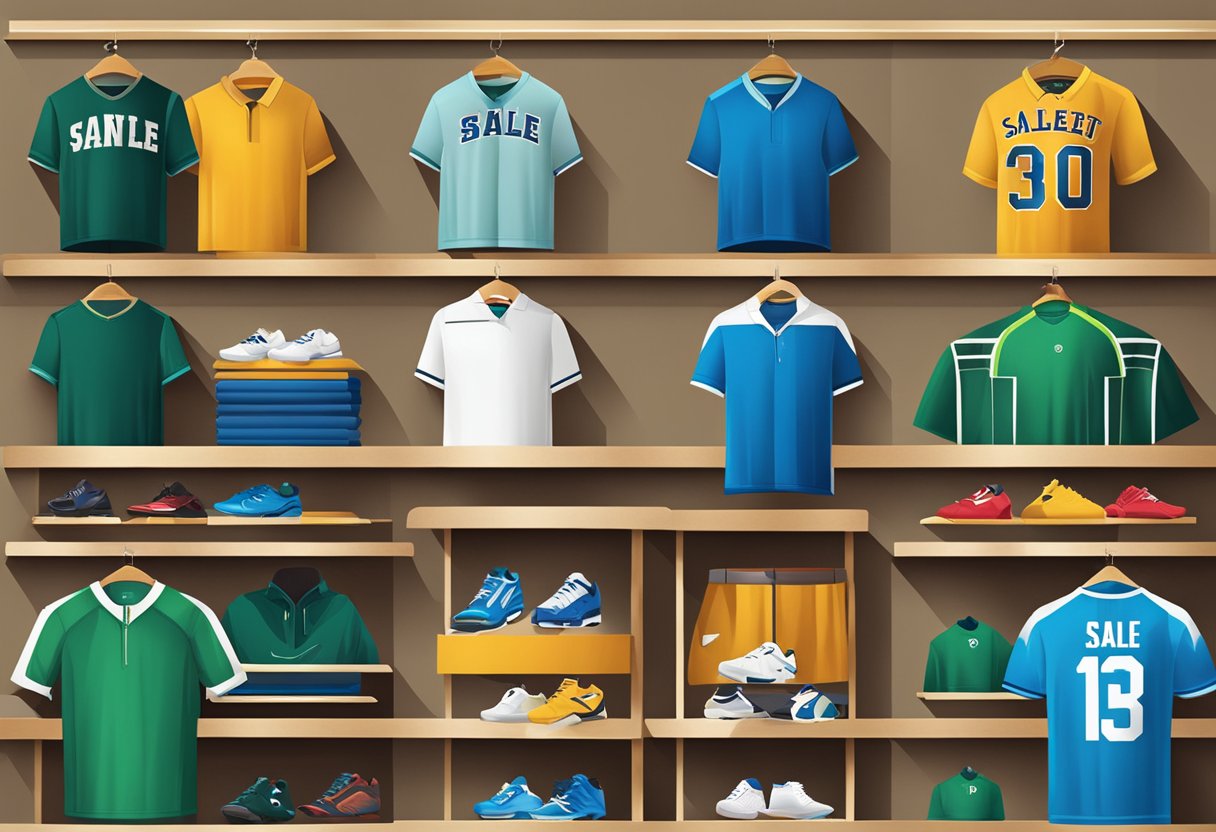 A variety of men's sports tops displayed on shelves with sale signs
