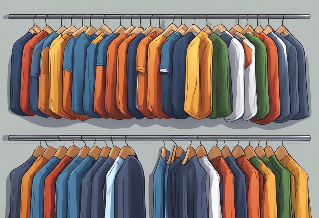 A row of mens sports vest tops hanging on a rack in a UK store