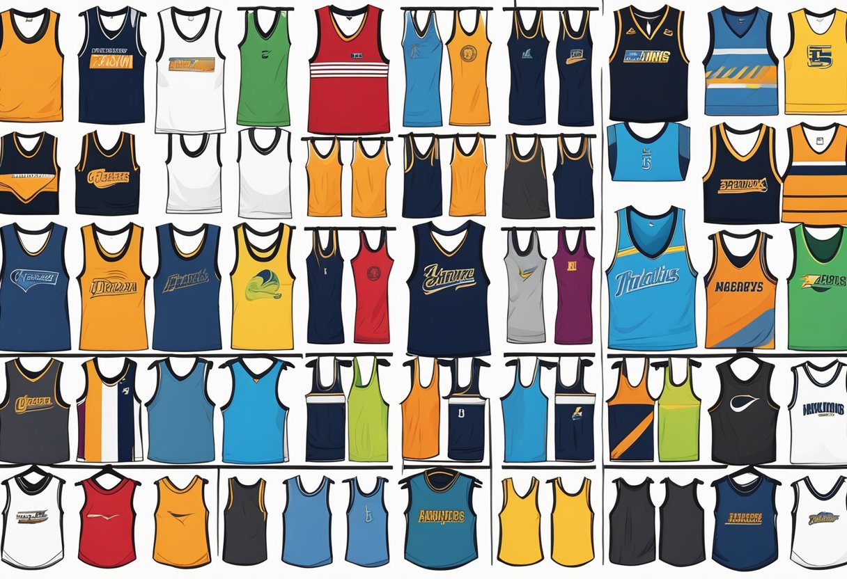 A display of various men's sports vest tops in different colors and styles, neatly arranged on a rack or shelf