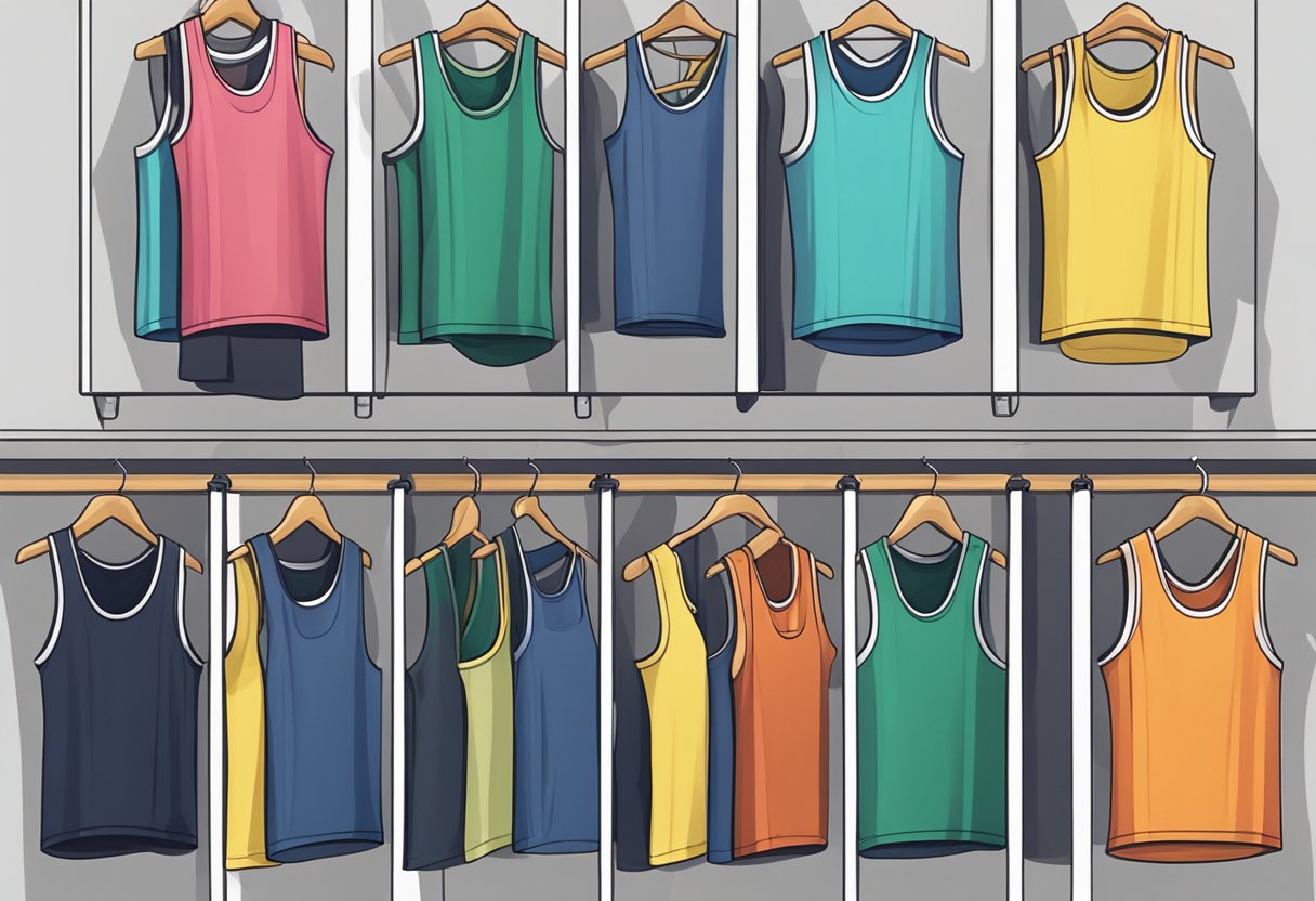 A display of various sports men's tank tops arranged neatly on a rack