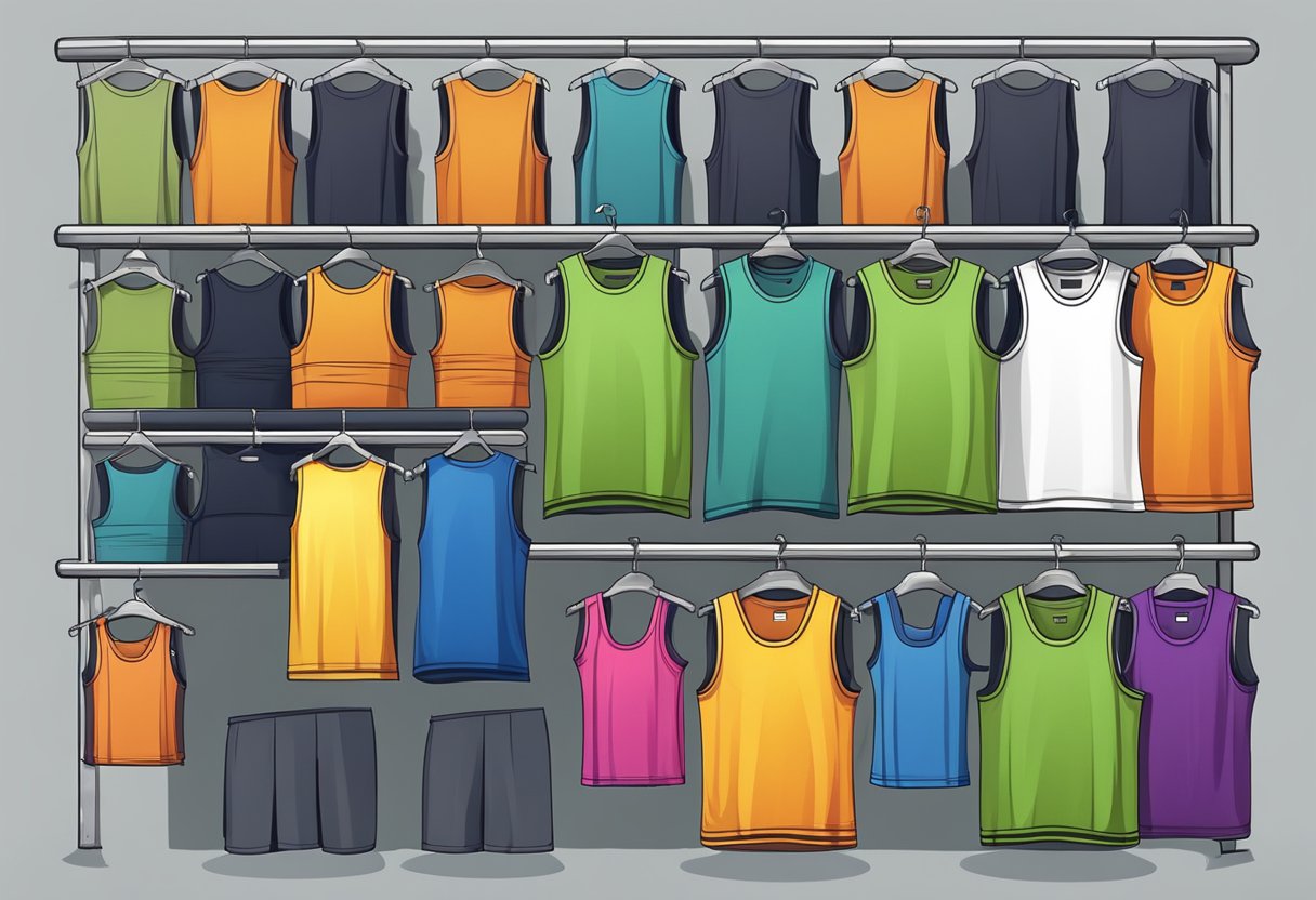 A collection of men's tank tops arranged neatly on a display rack, with various colors and designs, specifically designed for sports activities
