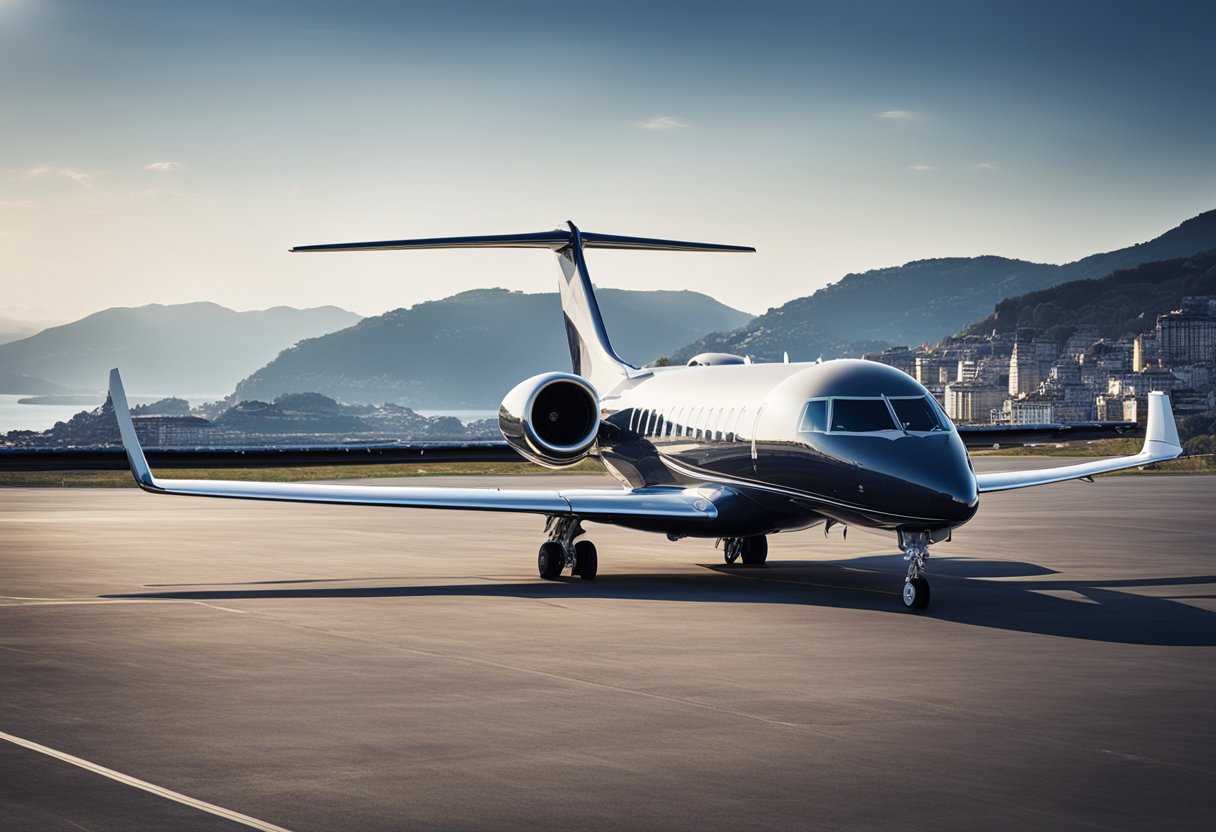 A private jet parked on the tarmac, with the beautiful city of San Sebastian in the background, ready for a luxurious journey