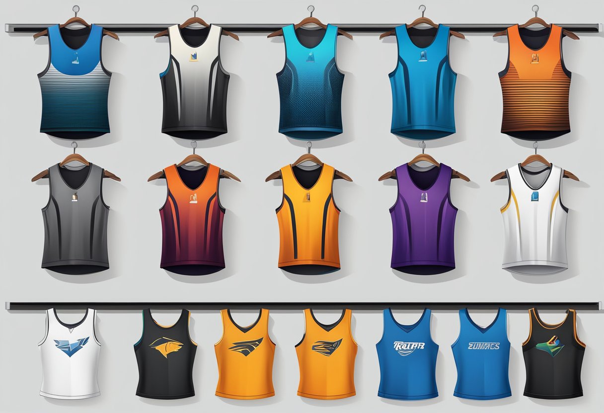 A group of sports vest tops for men, in various colors and styles, neatly arranged on a display rack