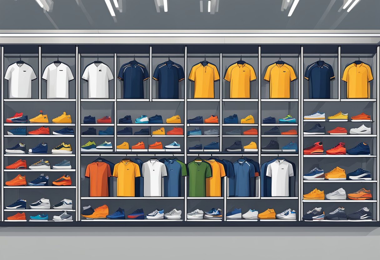 A display of men's tops at Sports Direct, arranged neatly on shelves with various colors and styles