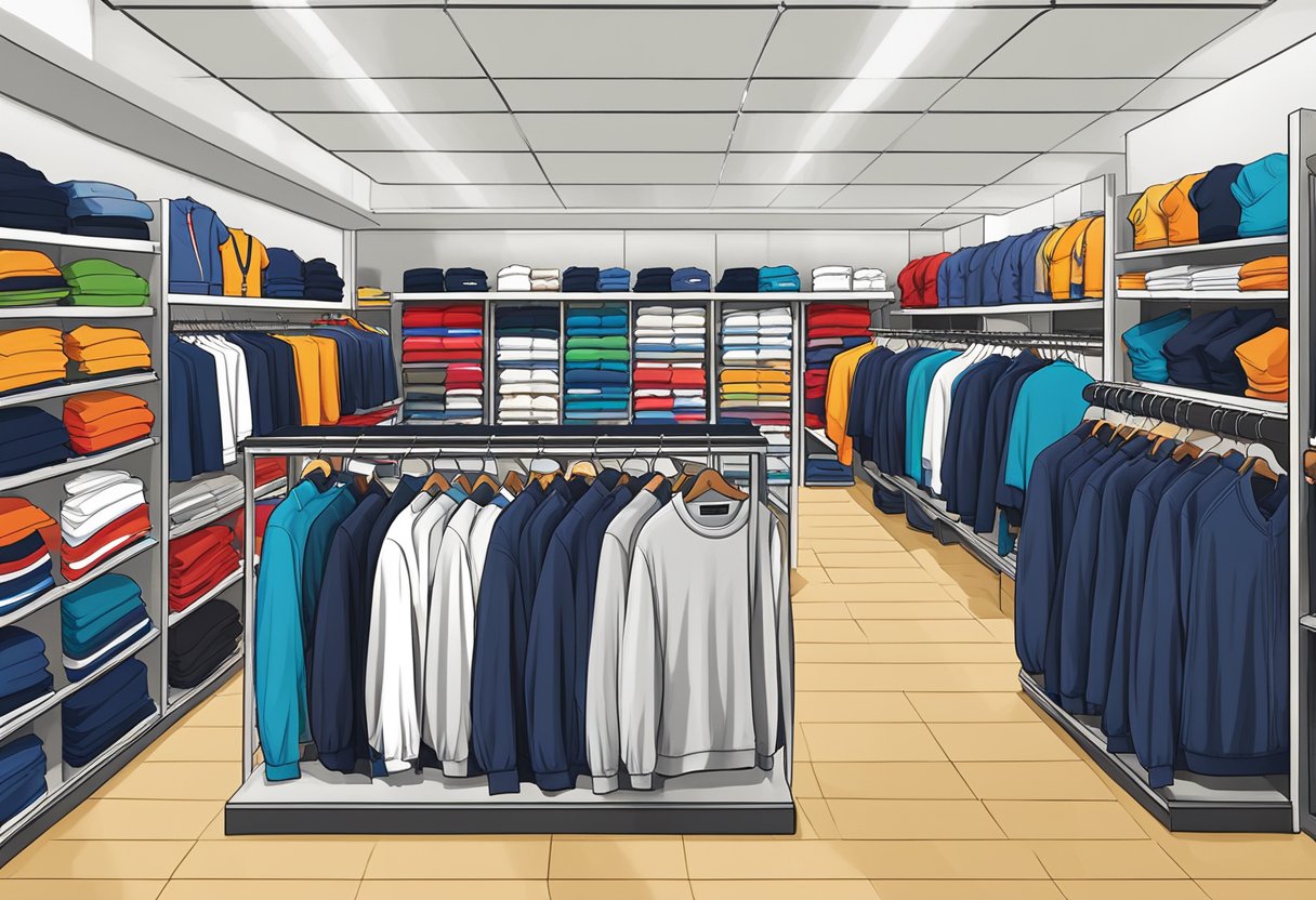 Various men's tops on display at Sports Direct, including t-shirts, polo shirts, hoodies, and sweatshirts. Displayed on shelves and racks in a well-lit store