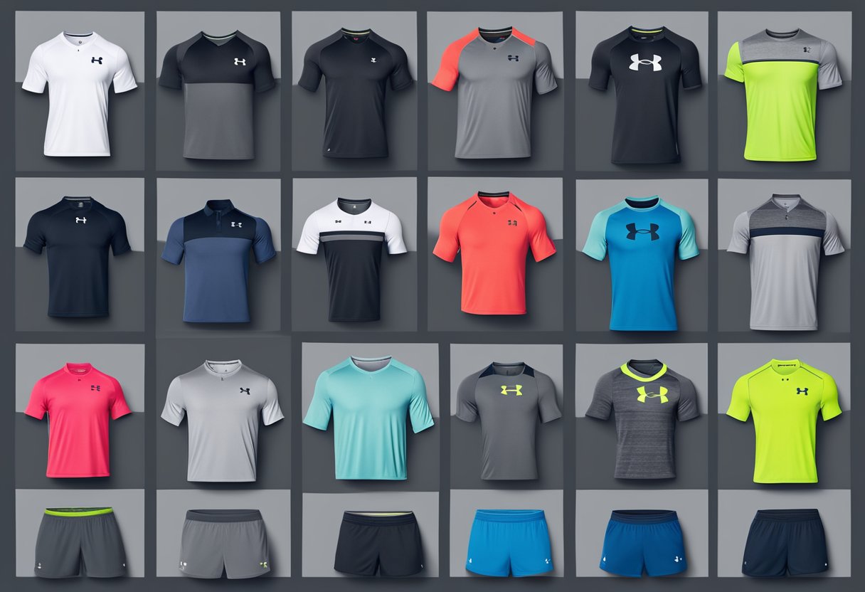 Men's Under Armour sports tops arranged in a neat display, various colors and styles
