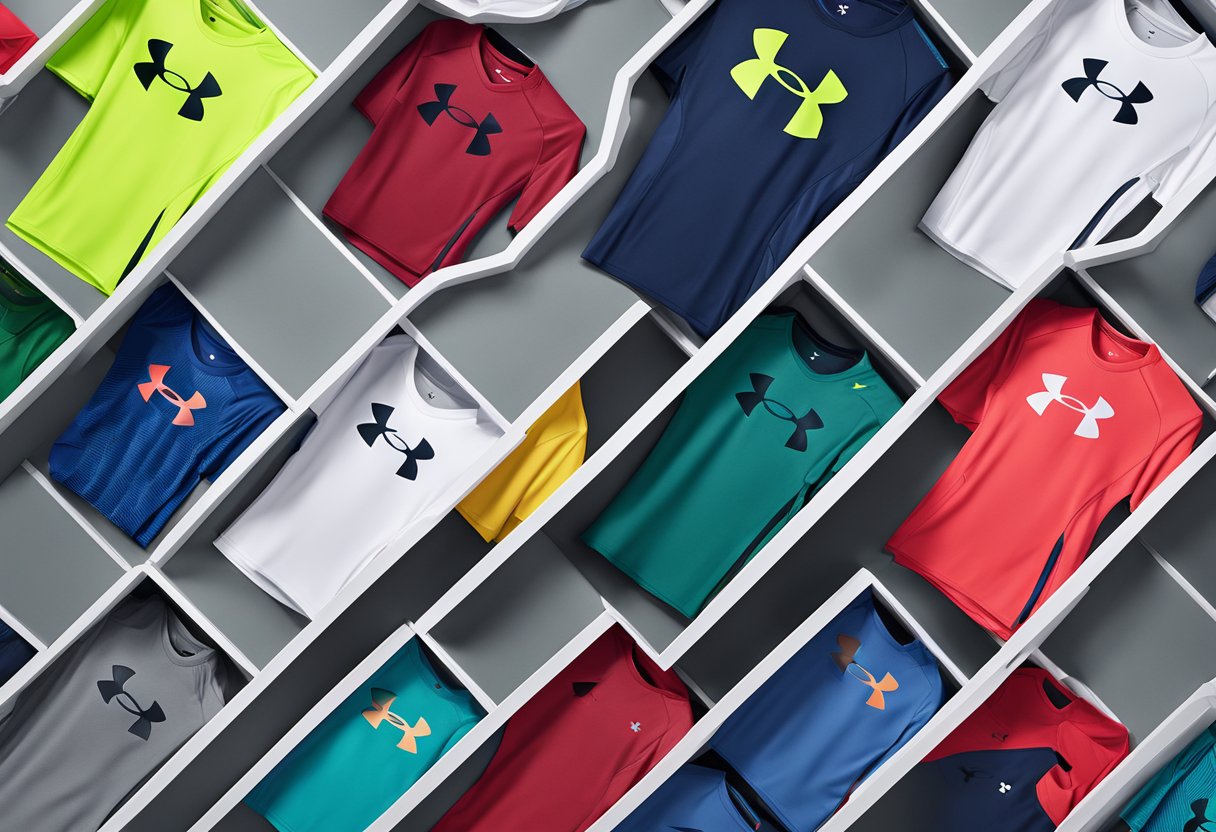 Several Under Armour sports tops arranged on a display table
