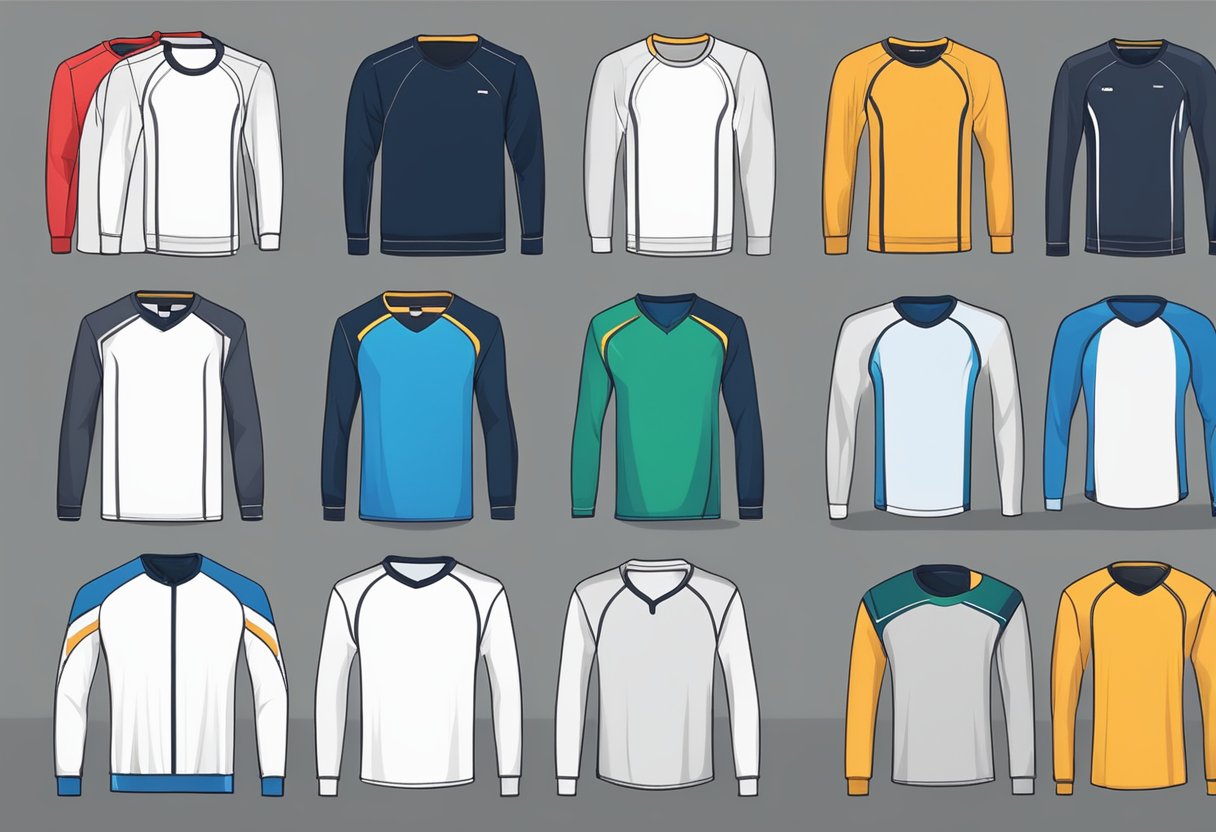 Men's long sleeve sports tops arranged in a row on a display rack