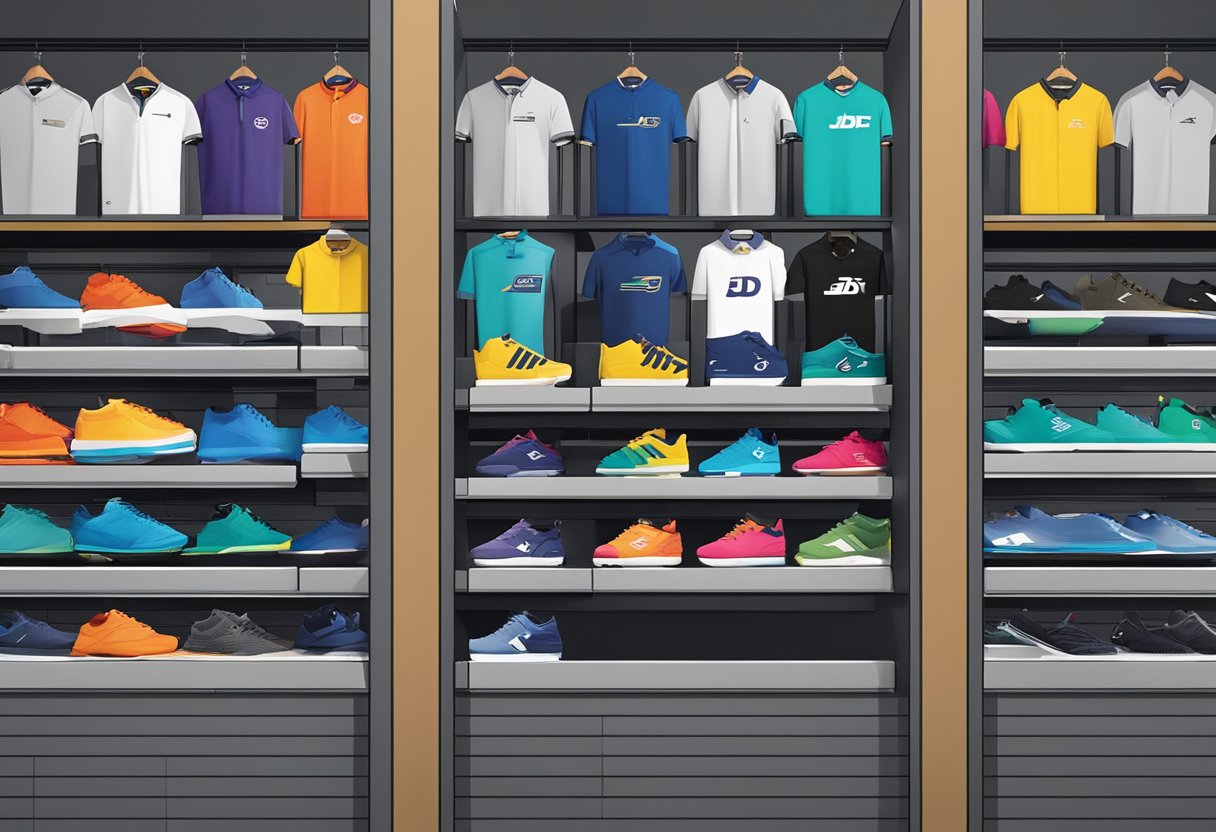 A display of men's tops at JD Sports, arranged in neat rows on shelves, with colorful logos and designs