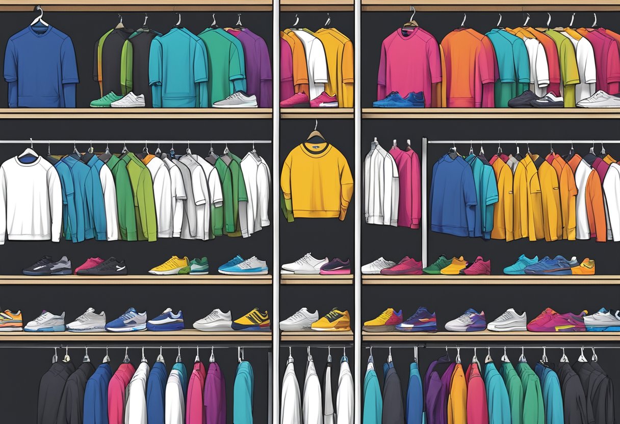A display of colorful men's tops arranged on shelves at JD Sports
