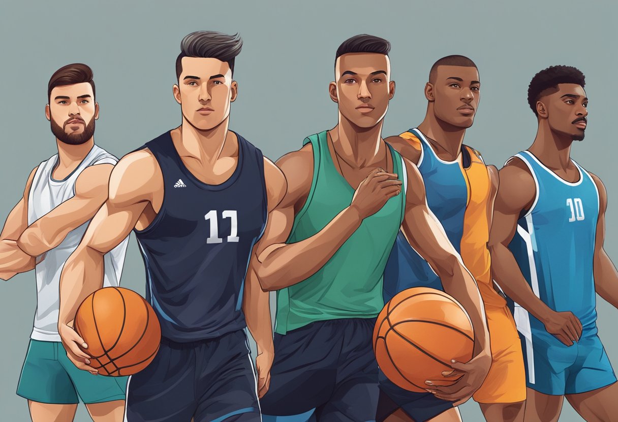 A group of men wearing sleeveless sports tops, engaged in various athletic activities such as running, weightlifting, and playing basketball. The tops are form-fitting and allow for unrestricted movement