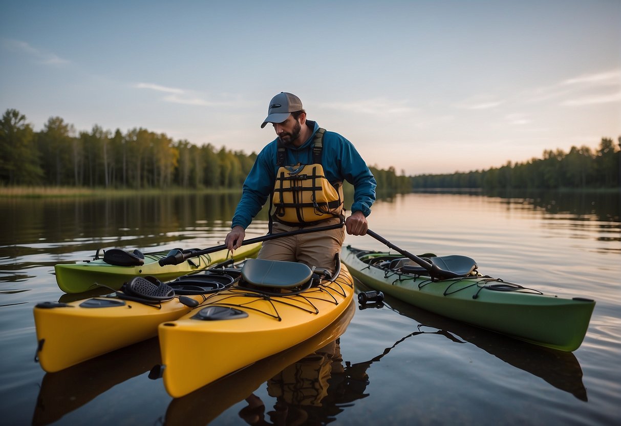 A person selecting a kayak for catfishing, surrounded by various kayak options and fishing gear