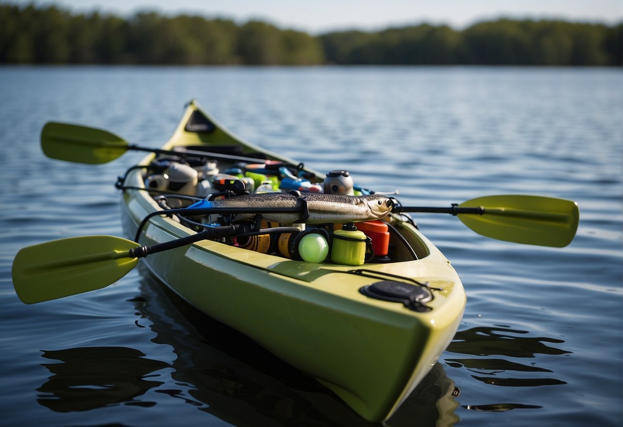 A kayak loaded with fishing rods, bait, and a tackle box on calm water