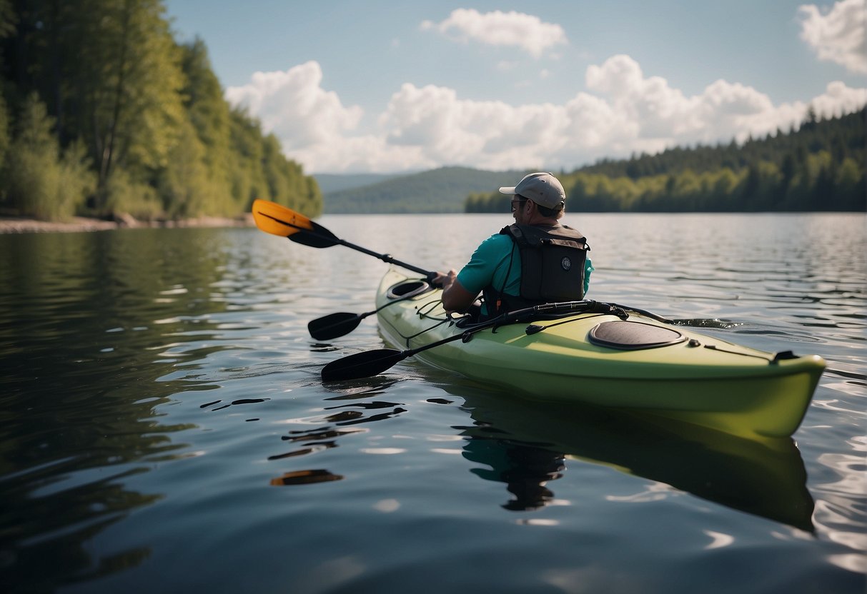 A kayak with a fishing rod and life jacket on calm water