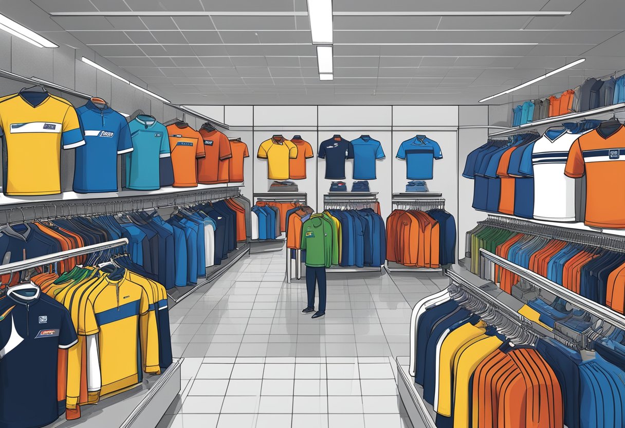 A display of men's tops at Sports Direct, arranged by color and style with various logos and designs