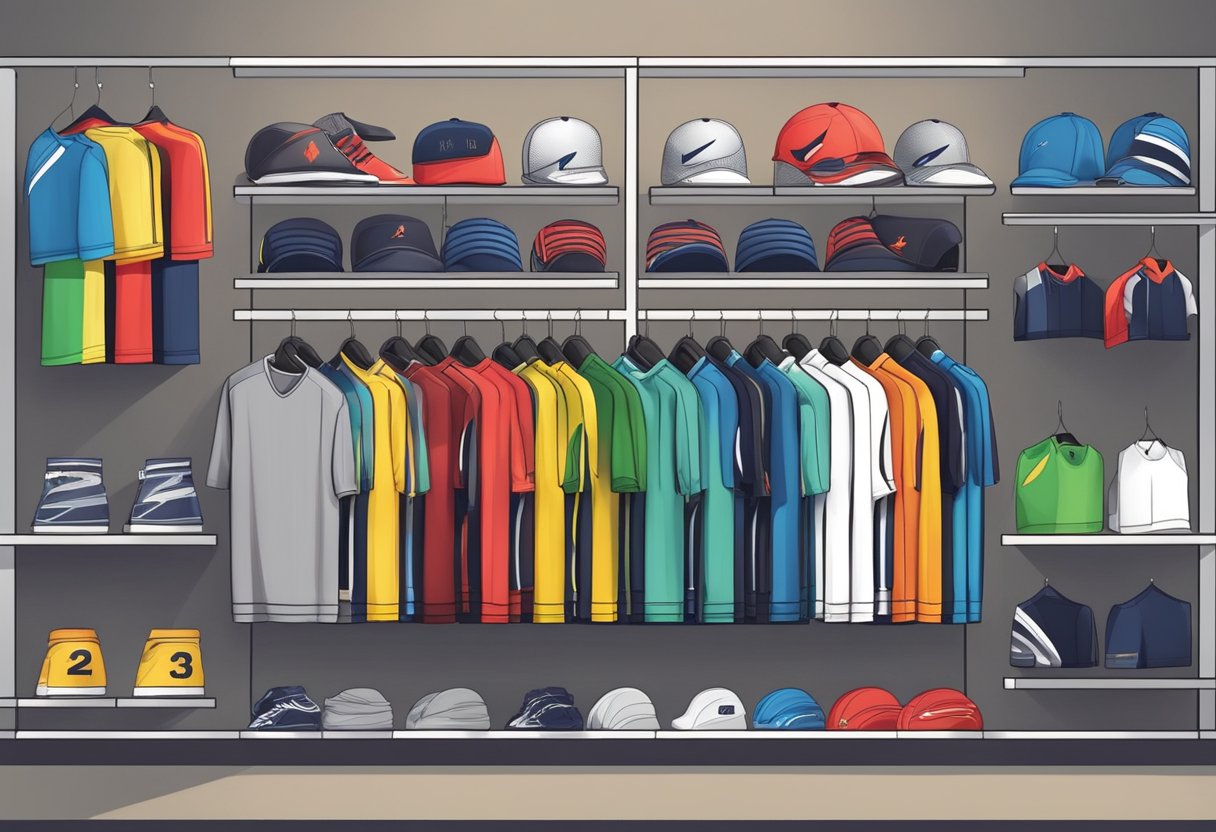 A rack of inexpensive men's sports tops in various colors and styles, displayed on a shelf in a retail store