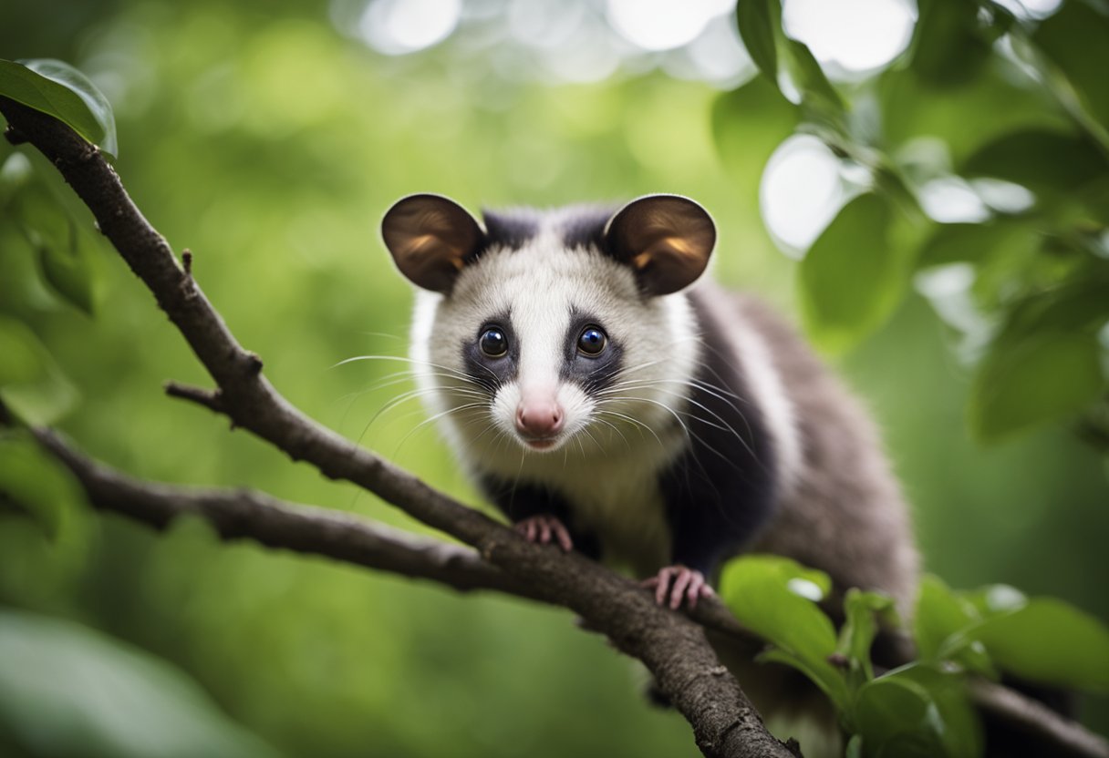 A possum perched on a tree branch, its eyes wide and alert, surrounded by lush green foliage and a sense of calmness in the air