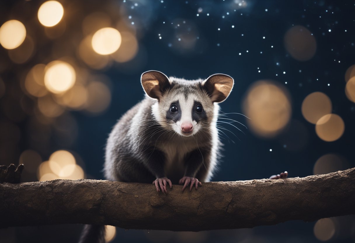 A possum sits quietly under a starry sky, surrounded by symbols of nature and spirituality. Its calm and observant demeanor reflects its deep spiritual significance