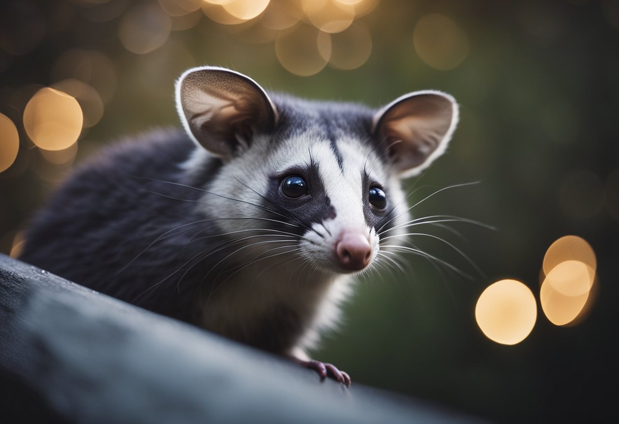 A possum sits peacefully under a starry sky, its curious eyes reflecting a sense of wisdom and resilience. Its gentle demeanor and quiet presence convey a deep spiritual connection to nature
