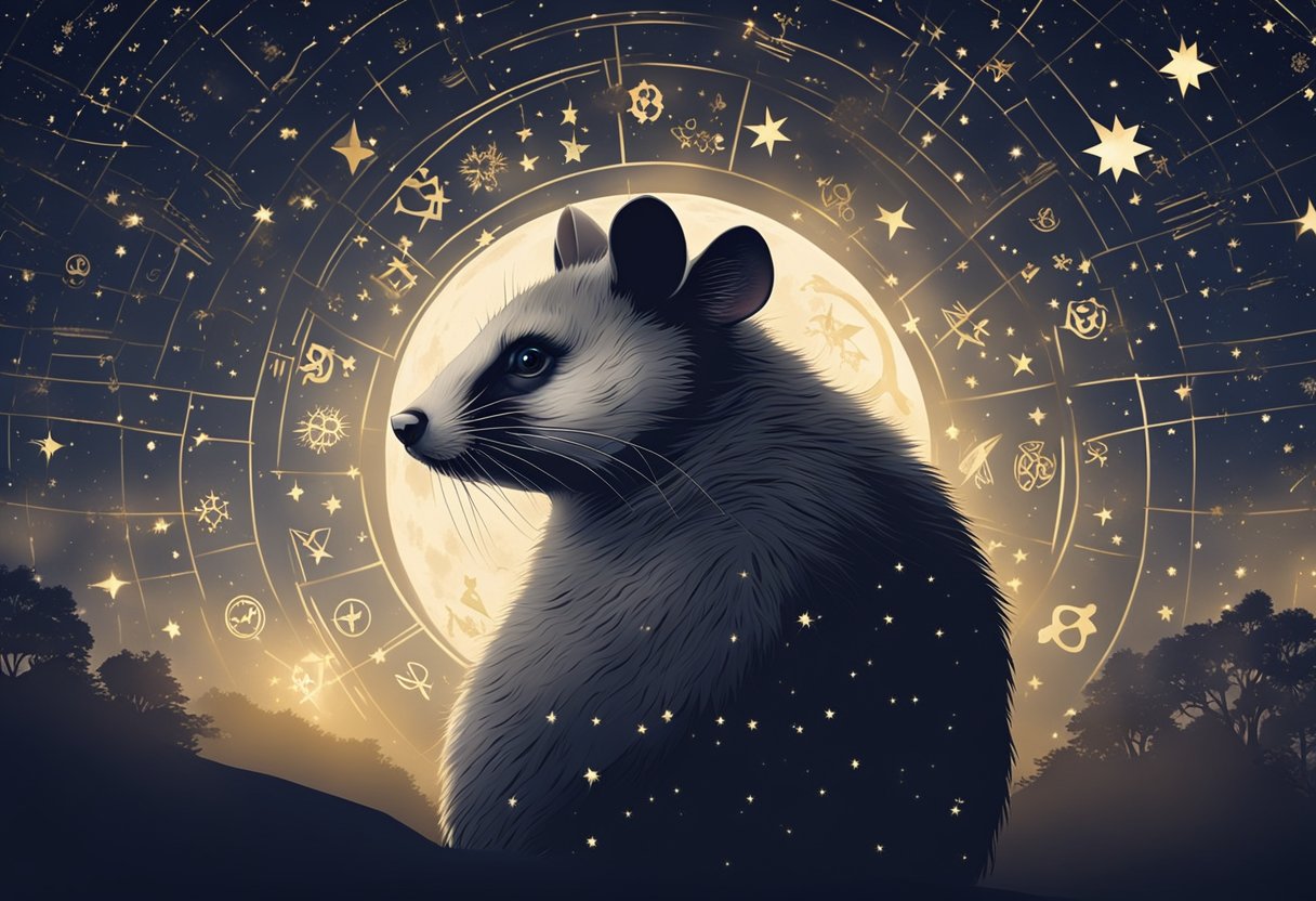 A possum sits under a starry night sky, surrounded by astrological symbols. It looks contemplative, with a sense of mystery and spirituality