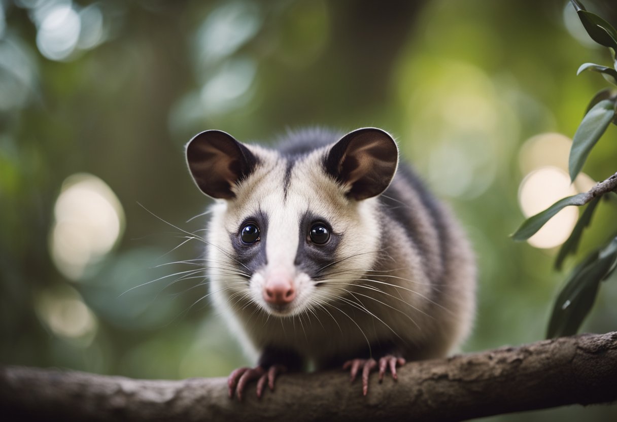 A possum perched on a tree branch, eyes wide and alert. Its body language exudes curiosity and adaptability, embodying the spiritual meaning of possum energy in life